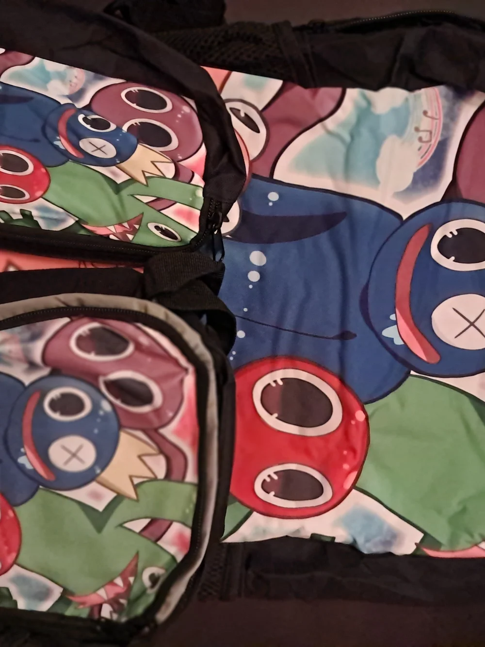Kids Three Piece Bookbag Set  with Colorful Cartoon Print - Blue/Green/Red